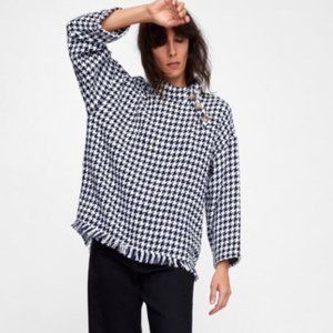 Zara Navy Blue Tweed Mock Neck Sweater